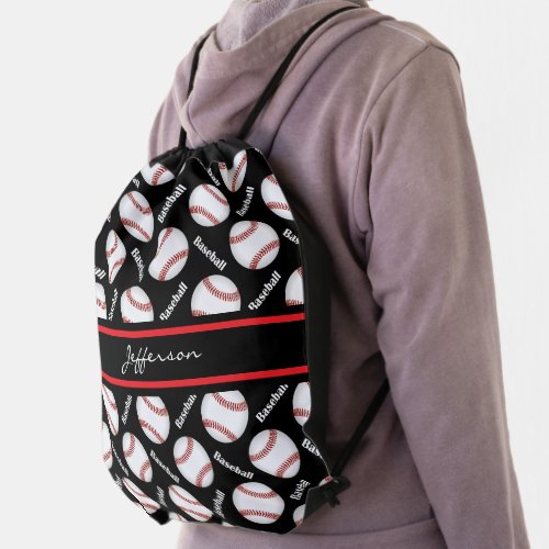 Baseball _ Black and Red Drawstring Bag