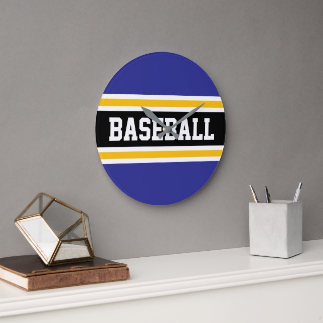 BASEBALL Black White Orange Deep Blue Stripes Large Clock (Office)