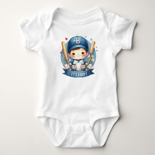 Baseball Bliss Baby Boy Announcement Baby Shower Bodysuit (Front)