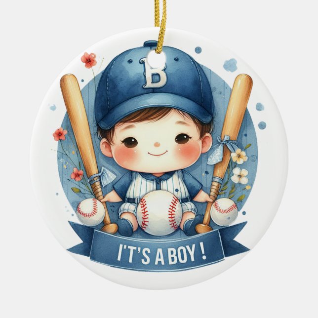 Baseball Bliss Baby Boy Announcement Baby Shower Ceramic Ornament (Front)