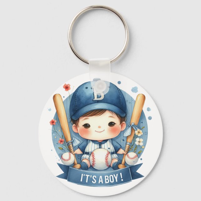 Baseball Bliss Baby Boy Announcement Baby Shower Keychain (Front)