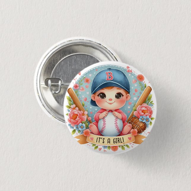 Baseball Bliss Baby Girl Announcement Floral Baby Button (Front & Back)