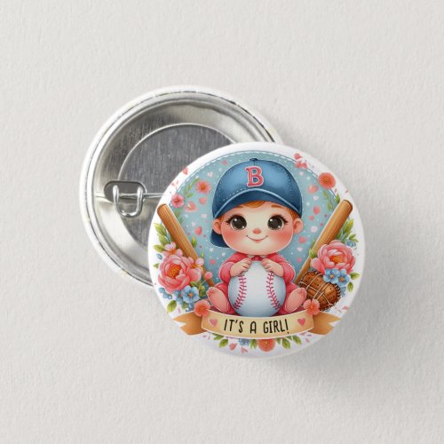 Baseball Bliss Baby Girl Announcement Floral Baby Button