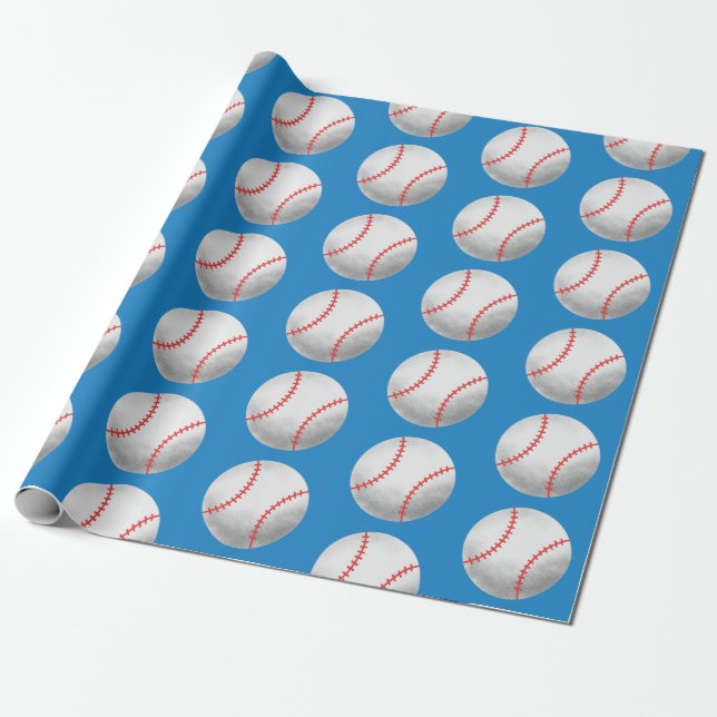 Baseball Blue and Red Pattern Wrapping Paper (Unrolled)