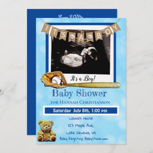 Baseball  Blue Baby Boy Ultrasound Baby Shower Invitation