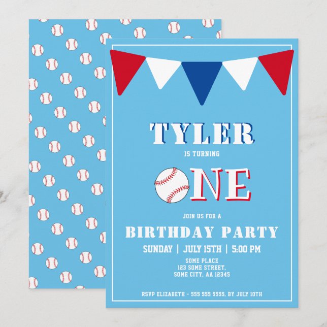 Baseball Blue Birthday Invitation Boy 1st Birthday (Front/Back)