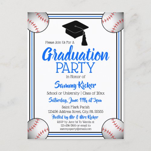 Baseball Blue  Black Graduation Party Invitation Postcard