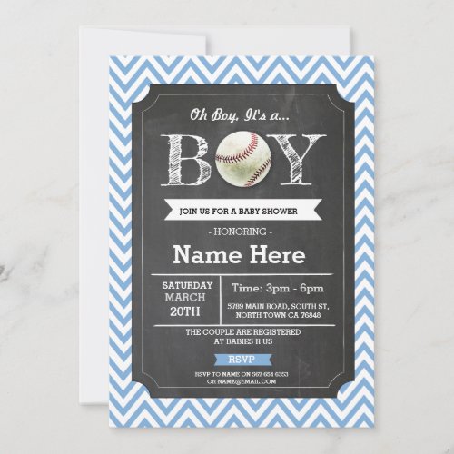 Baseball Blue Boy Baby Shower Chevron Invite