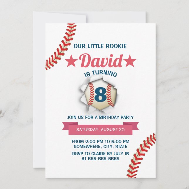 Baseball Boy 8th Birthday Party Invitation (Front)