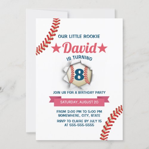 Baseball Boy 8th Birthday Party Invitation