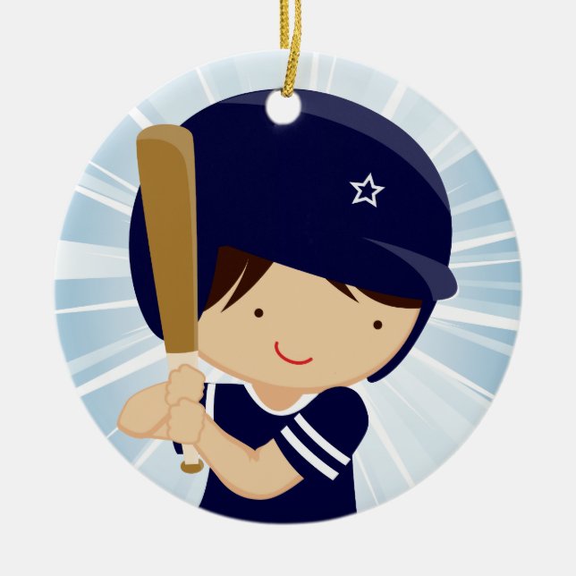 Baseball Boy Batter in Blue and White Ceramic Ornament (Front)