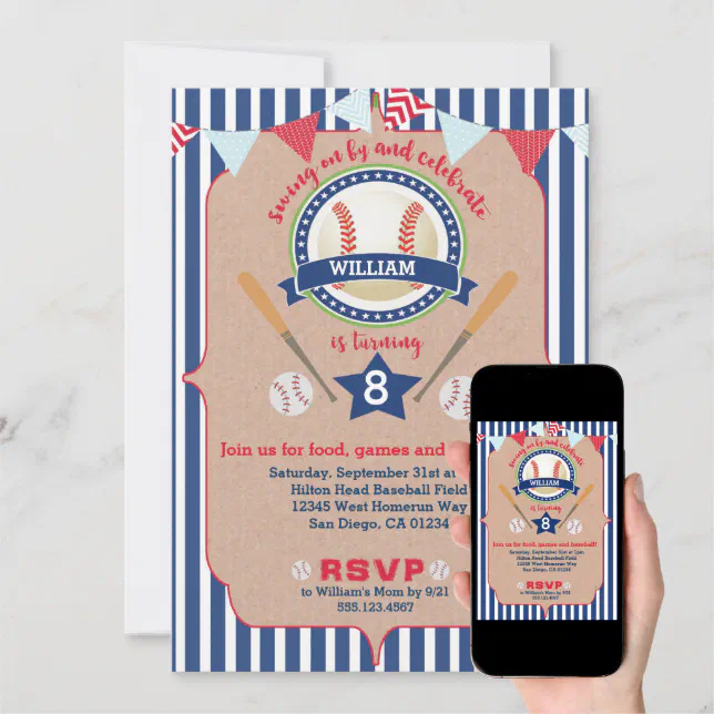 Baseball Boy Birthday Invitation Invite Navy & Red | Zazzle