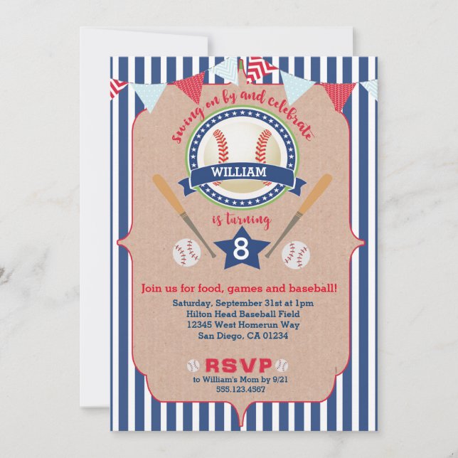 Baseball Boy Birthday Invitation Invite Navy & Red (Front)