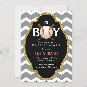 Baseball Boy Chevron Stripes Baby Shower Sports Invitation