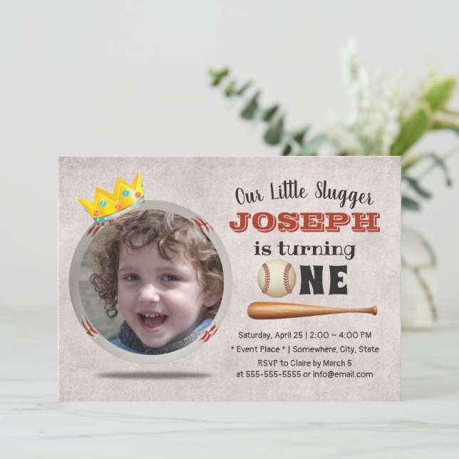Baseball Boy Custom Photo 1st Birthday Party Invitation (Standing Front)