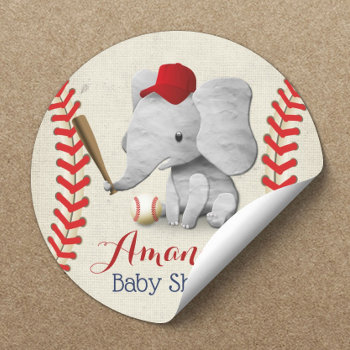 Baseball Boy Cute Elephant Baby Shower Classic Round Sticker by myinvitation at Zazzle