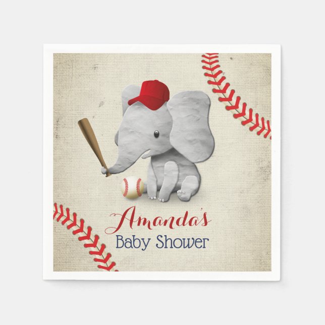 Baseball Boy Cute Elephant Baby Shower Napkins (Front)