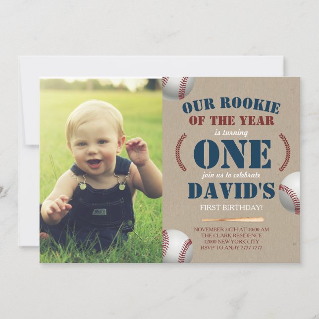 Baseball Boy First Birthday Rookie Photo Picture Invitation (Front)