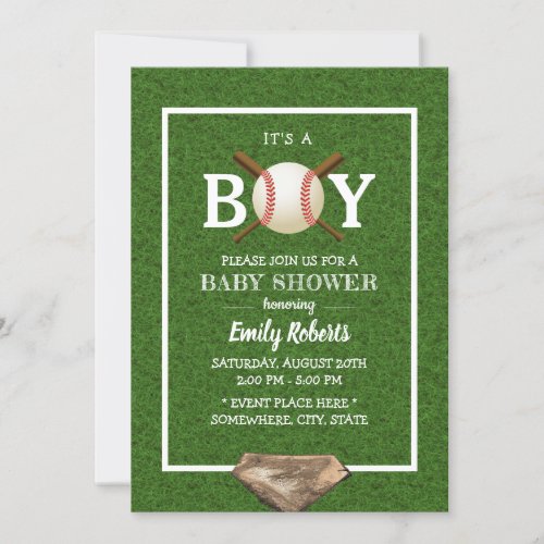 Baseball Boy Green Grass Baby Shower Invitation