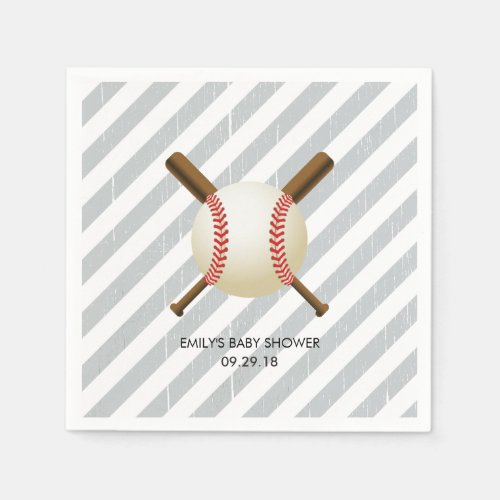 Baseball Boy Grey Stripes Baby Shower Paper Napkins