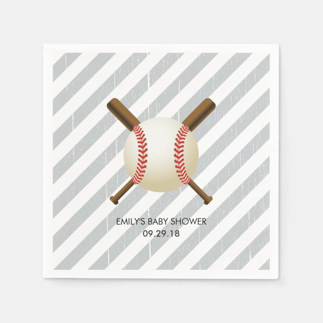 Baseball Boy Grey Stripes Baby Shower Paper Napkins (Front)