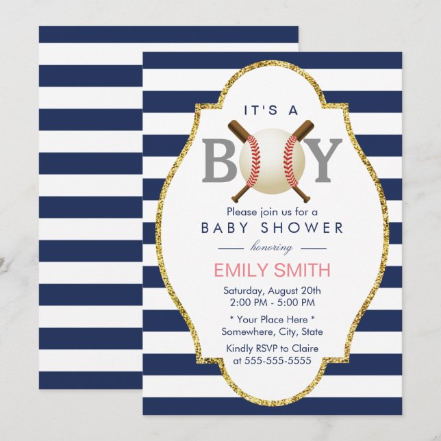 Baseball Boy Modern Navy Blue Stripes Baby Shower Invitation (Front/Back)