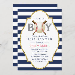 Baseball Boy Modern Navy Blue Stripes Baby Shower Invitation
