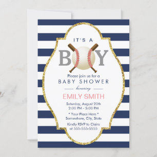 Baseball Boy Modern Navy Blue Stripes Baby Shower Invitation