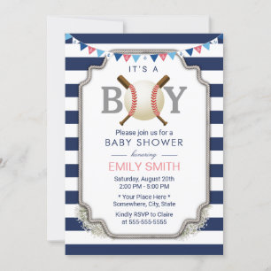 Baseball Boy Nautical Navy Stripes Baby Shower Invitation