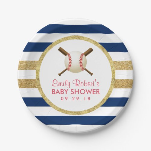 Baseball Boy Navy Blue  Gold Stripes Baby Shower Paper Plates