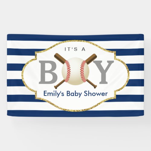 Baseball Boy Navy Blue Stripes Baby Shower Banner