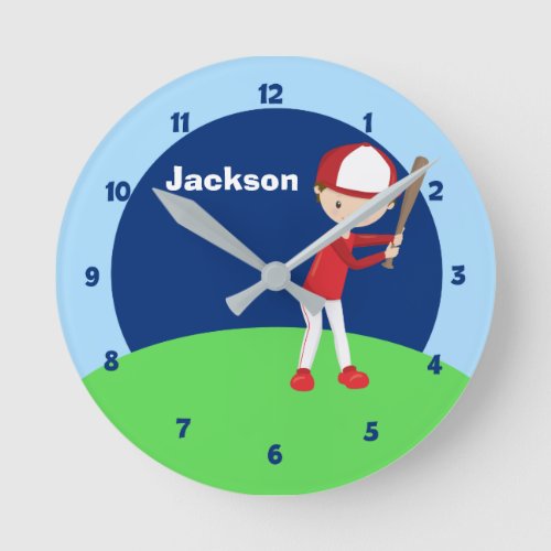 Baseball Boy Personalized Kids Room Round Clock