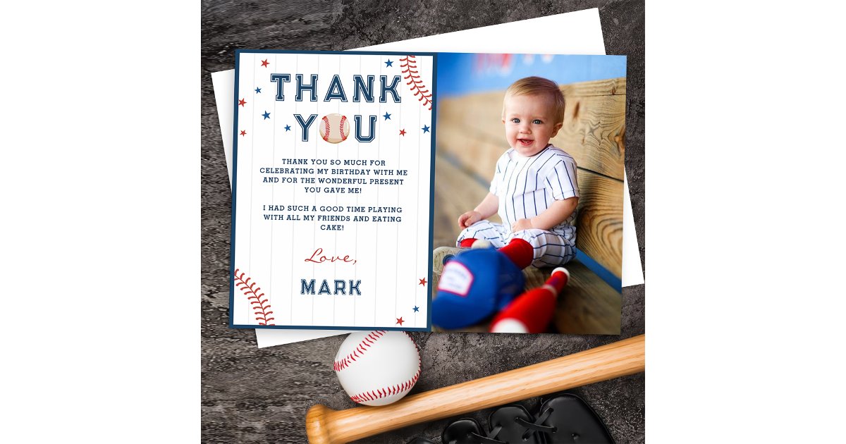Baseball Boys Birthday Photo Thank You Card | Zazzle