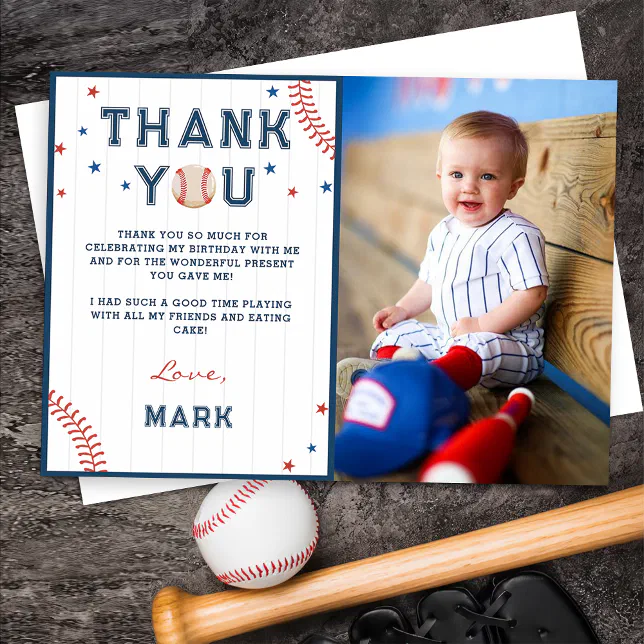 Baseball Boys Birthday Photo Thank You Card | Zazzle