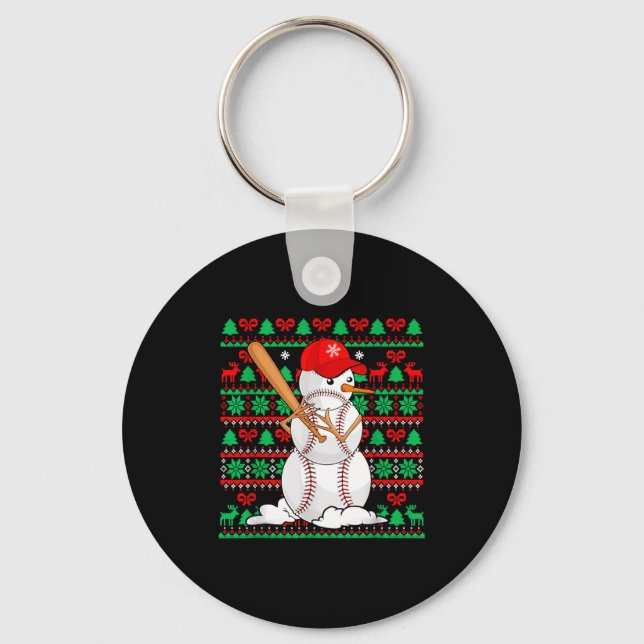 Baseball Boys Men Christmas Snowman Players Ugly X Keychain (Front)