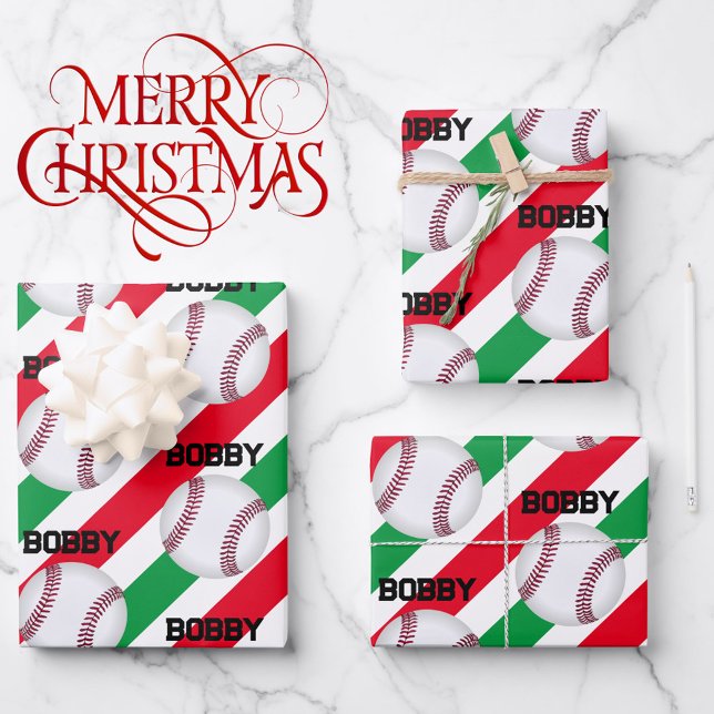 Baseball Boy's Name Christmas Fun 3 Wrapping Paper Sheets (Creator Uploaded)