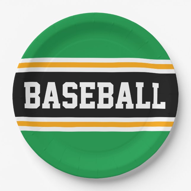 BASEBALL Bright Green Black Orange Racing Stripes Paper Plates (Front)