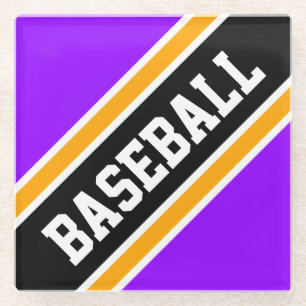 BASEBALL Bright Purple Black Orange White Stripes Glass Coaster