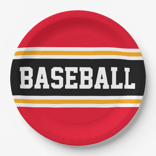 BASEBALL Bright Red Black Orange Racing Stripes Paper Plates (Front)