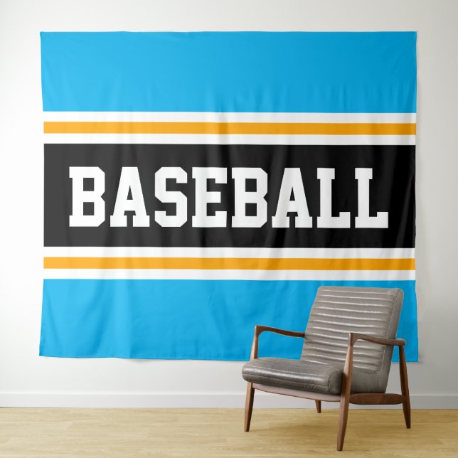 BASEBALL Bright Sky Blue Black Orange Stripes Tapestry (In Situ (Horizontal))