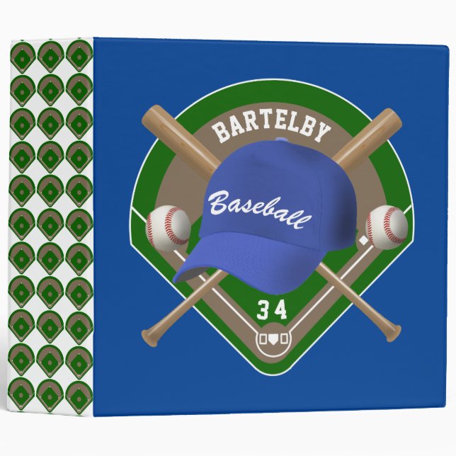 Baseball Cap Bats Diamond Personalized Name Number 3 Ring Binder (Front/Spine)