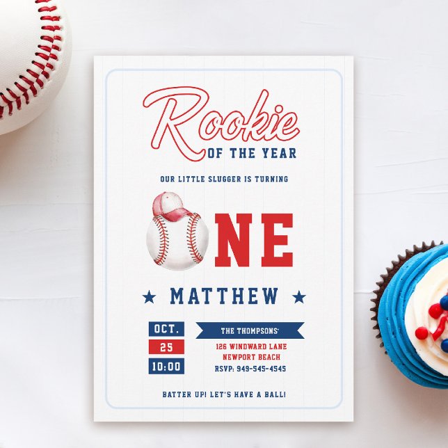 Baseball Cap Rookie Stripes Blue Boy 1st Birthday Invitation (rookie of the year 1st birthday invite boy baseball theme sports all star red blue stripes milestone)