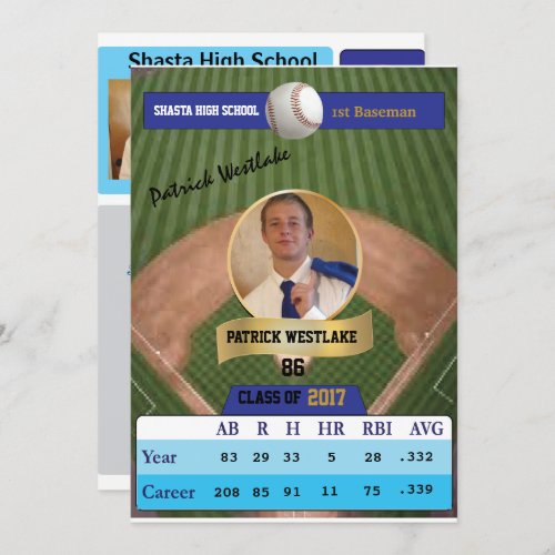 Baseball Card W Stats Grad Invitations _ blue