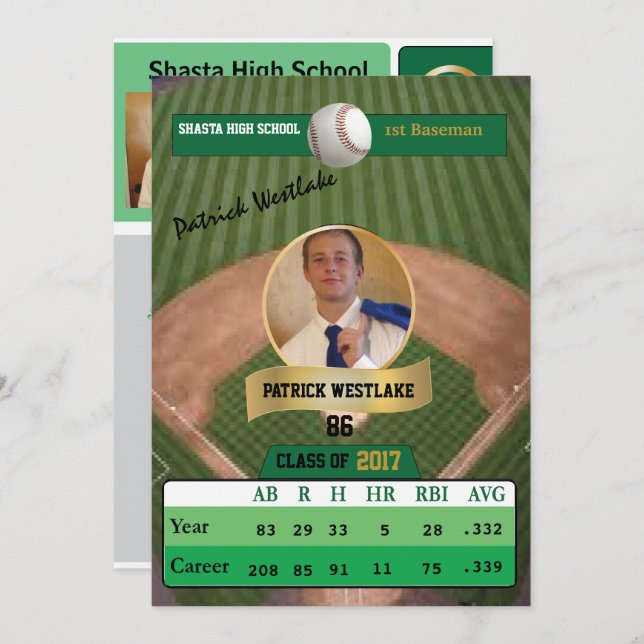 Baseball Card W/ Stats Grad Invitations - green (Front/Back)