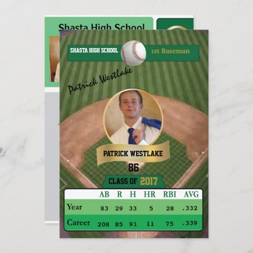 Baseball Card W Stats Grad Invitations _ green