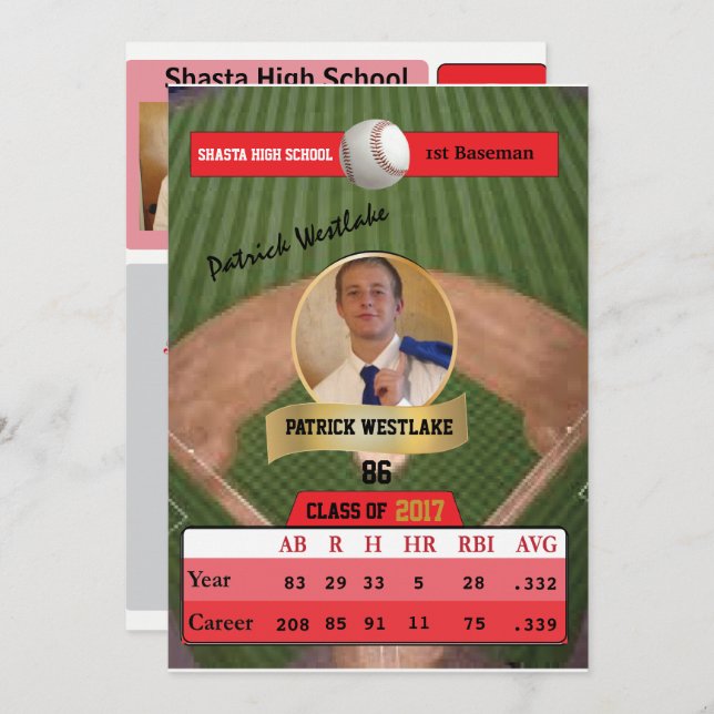 Baseball Card W/ Stats Grad Invitations - red (Front/Back)