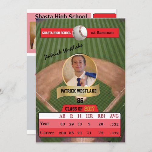 Baseball Card W Stats Grad Invitations _ red