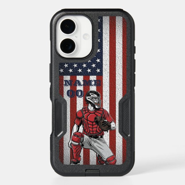 Baseball Catcher American Flag  Otterbox iPhone Case (Back)