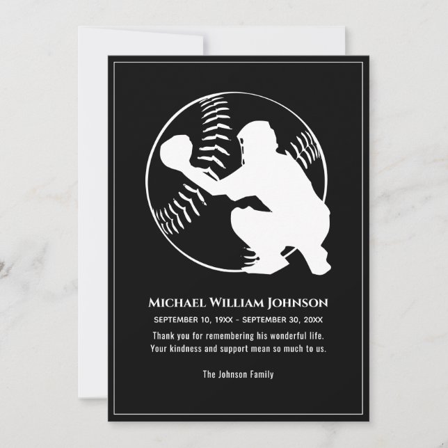 Baseball Catcher Funeral Memorial Black And White Thank You Card (Front)