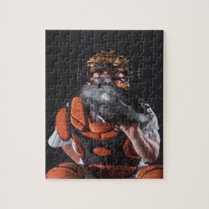 Baseball catcher holding ball in mitt jigsaw puzzle